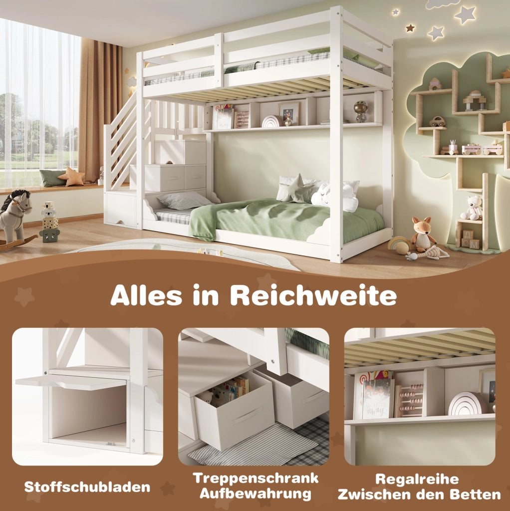 Letto a castello 90x200 cm bianco con scala contenitore
