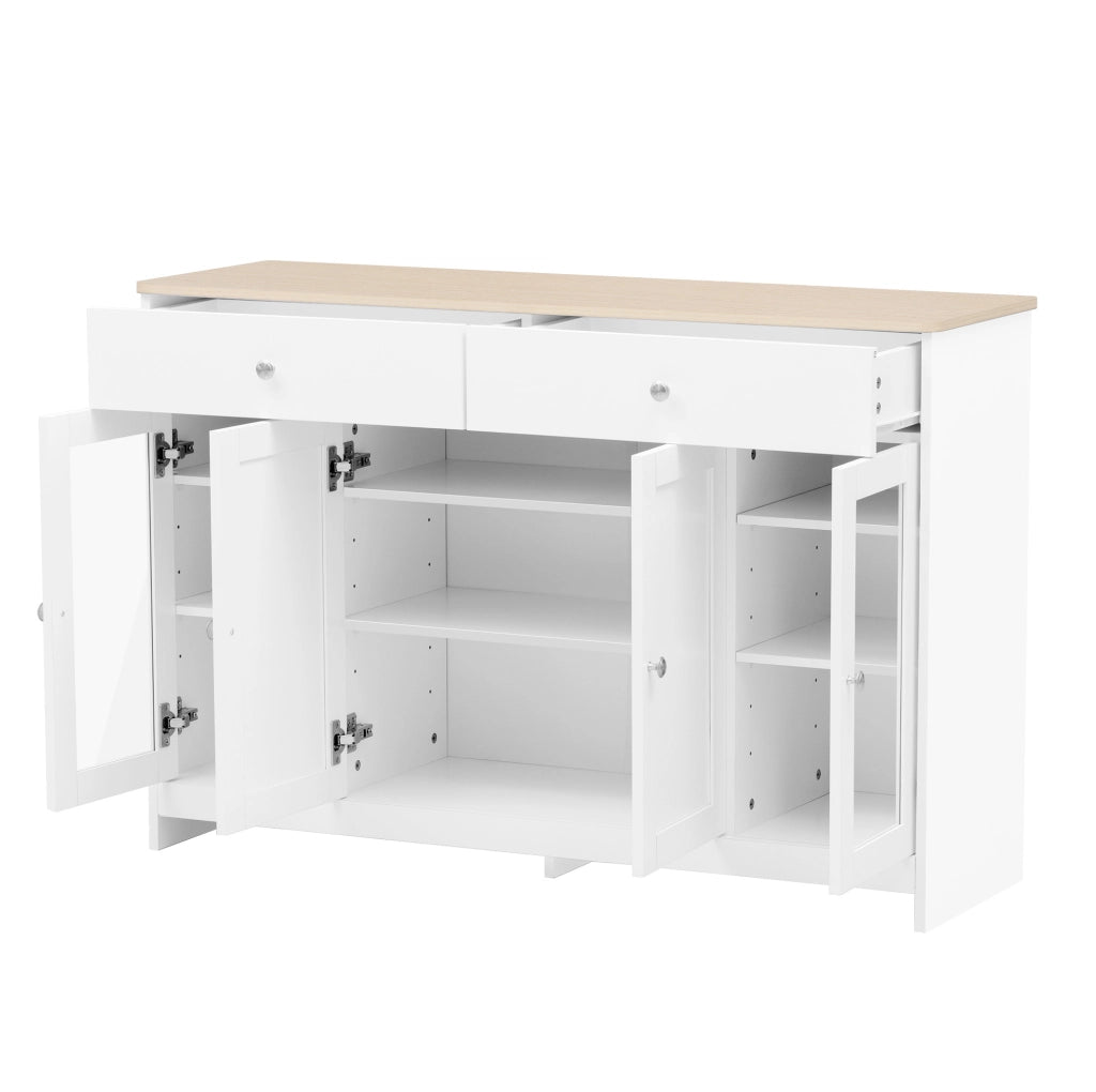 Credenza 120x37x80 cm con 2 cassetti; 4 ante e ripiani regolabili; MDF bianco e colore legno
