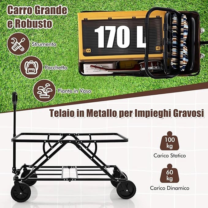 Carrello da Spiaggia Pieghevole, Carrello da Campeggio con Maniglia Regolabile e 360Â° Ruote, Portabottiglie e Tasca Portaoggetti, 170L, per Campeggio, Spiaggia e Giardino (Marrone)