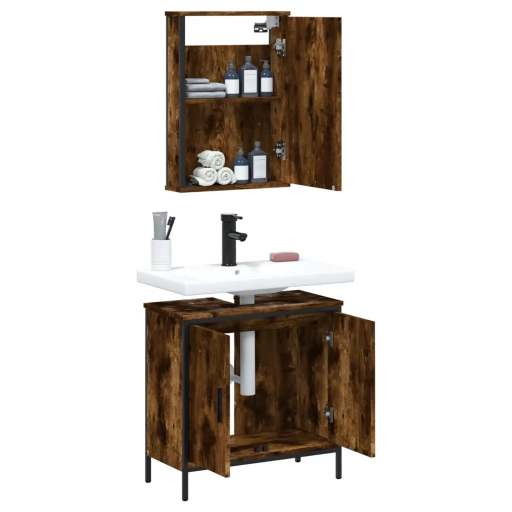 Set Mobili da Bagno 2 pz Rovere Fumo in Legno Multistrato