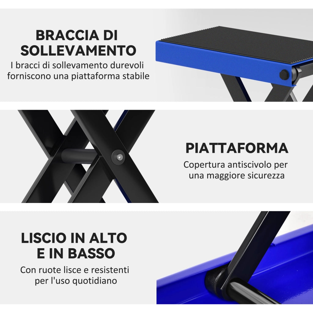 Cavalletto Alzamoto Pieghevole e Antiscivolo in Acciaio e Gomma, 48x22.5x10-37 cm, Blu e Nero