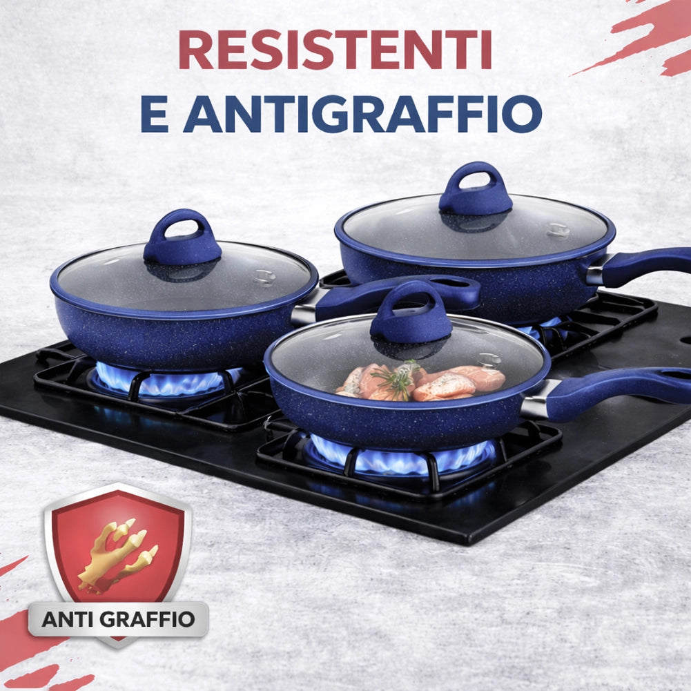 Set 6 Pezzi Padelle in Alluminio Blu con Coperchio per Tutti i Piani Cottura