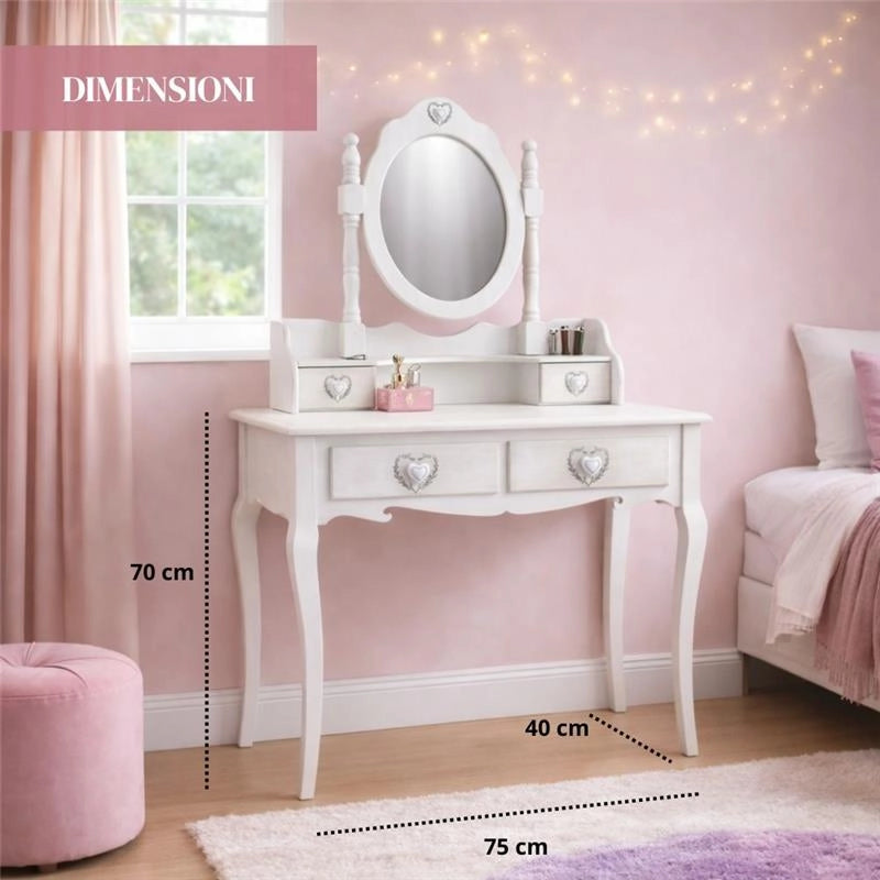 MA MAISON TOELETTA BIANCA IN LEGNO 75X40X70 CM CON SPECCHIO E 4 CASSETTI A CUORE, VANITY TABLE SHABBY CHIC PER CAMERETTA