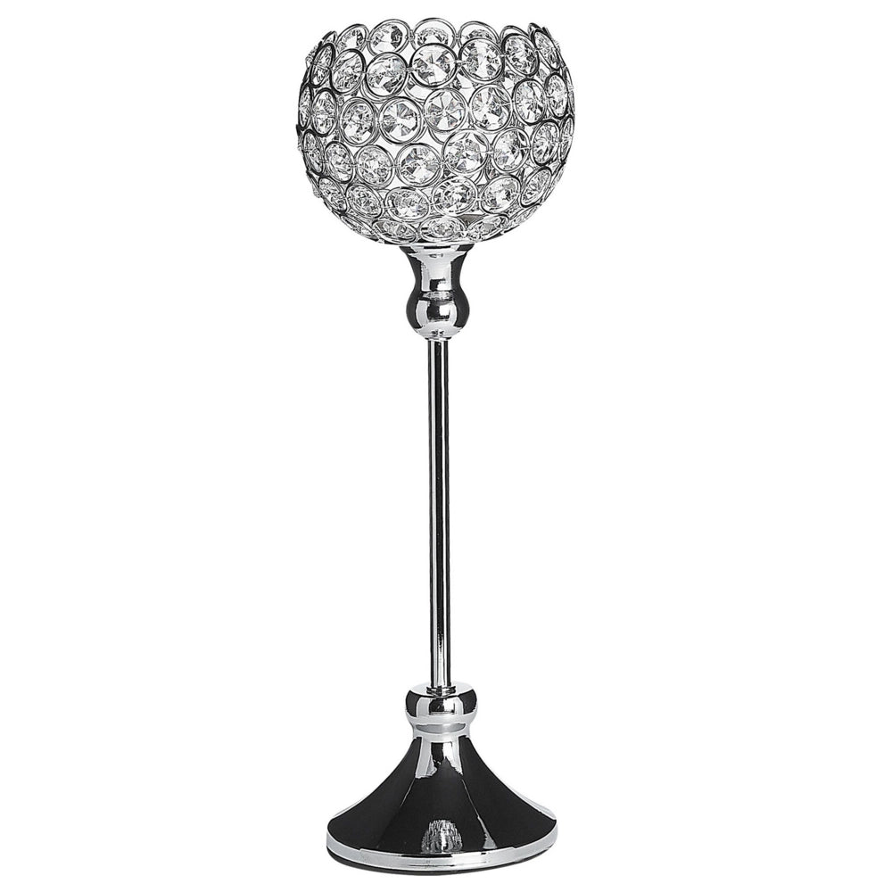 Portacandele Foglia di tè Paralume in metallo argentato a forma di ciotola con cristalli di vetro 27 cm Centrotavola decorativo glamour