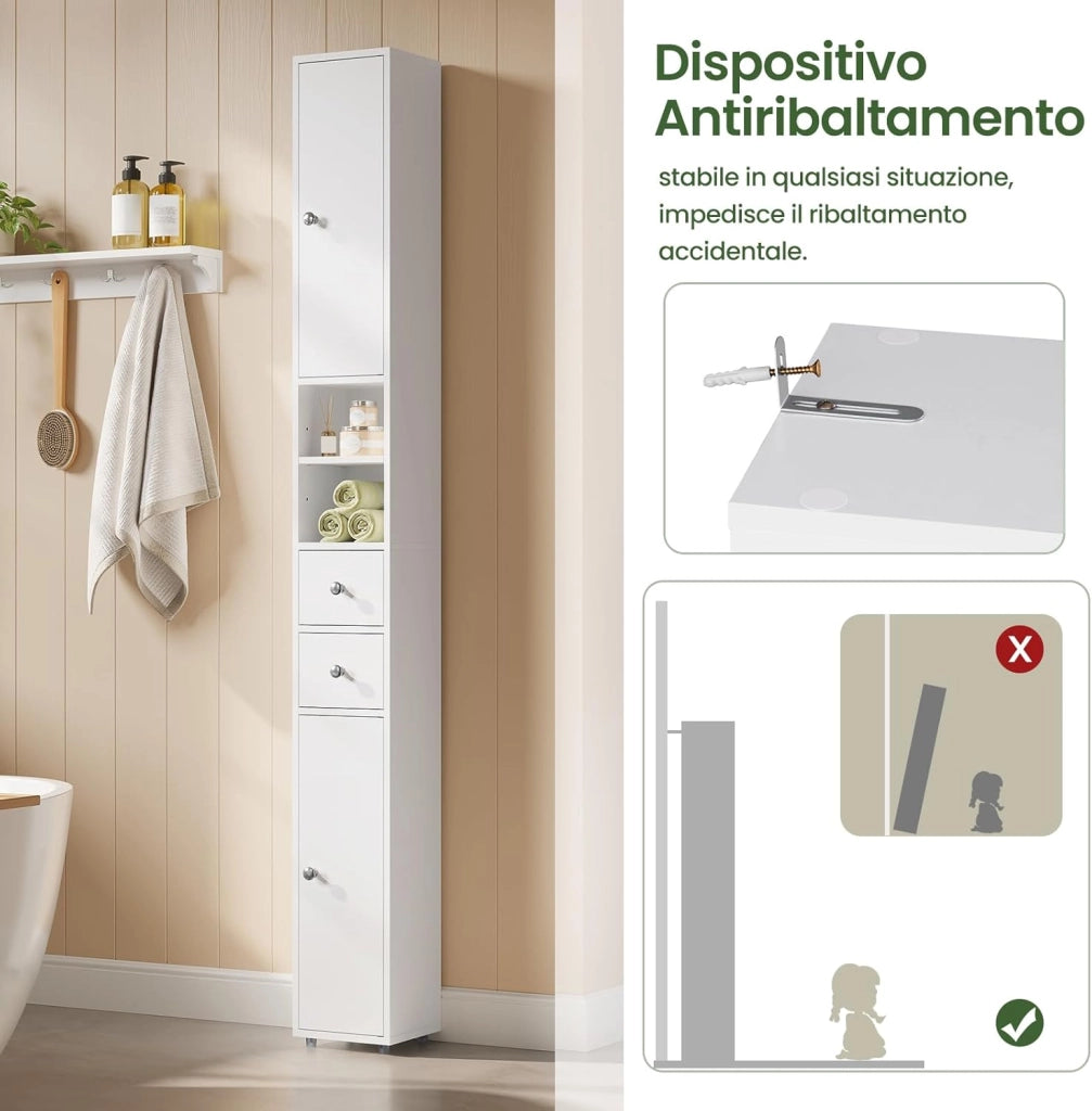 Armadio Alto da Bagno, Mobiletto da Bagno, Colonna Bagno Stretta, 20 x 20 x 180 cm, Mobiletto Salvaspazio Stretto, con Ripiani Regolabili, per Spazi Ridotti, Soggiorno, Corridoio, Bianco 0257WY