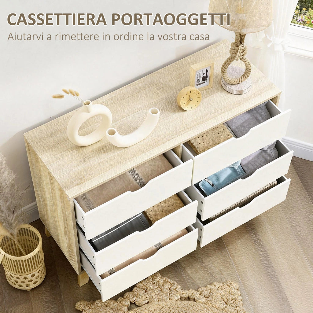 Cassettiera Moderna 6 Cassetti per Camera e Casa in Melamina e Gambe in Pino Bianco e Rovere Robusta e Pratica 120x40x76 cm