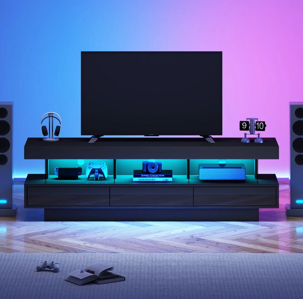 TV mobile 160x38x50;5 cm nero lucido con 3 ripiani in vetro e LED Bluetooth