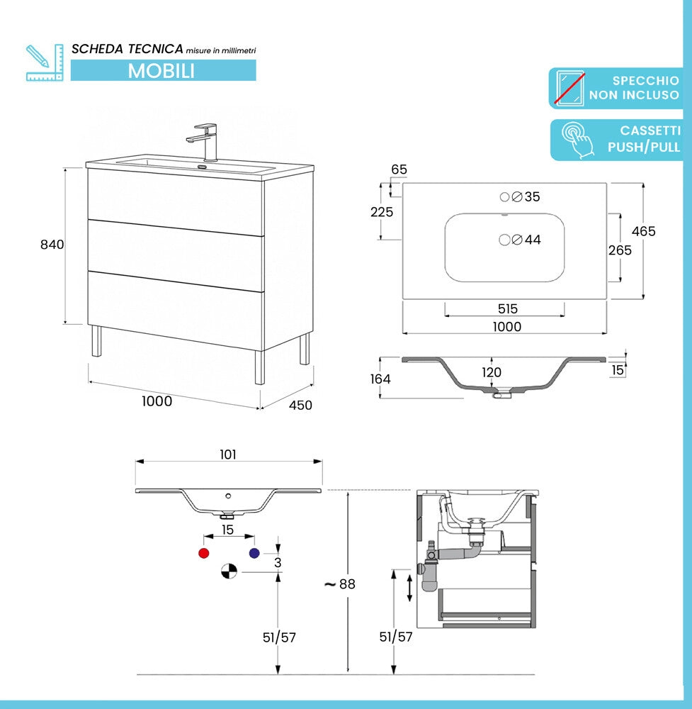 Mobile bagno a terra 100 cm blu tre cassetti push-pull con lavabo Tierra