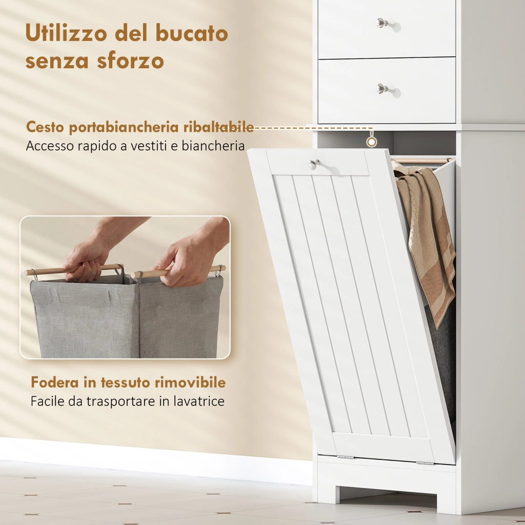Mobile Bagno con Cesto, Armadietto e 2 Cassetti ¨C zephmum ¨C Legno, Bianco, 45x30x171 cm
