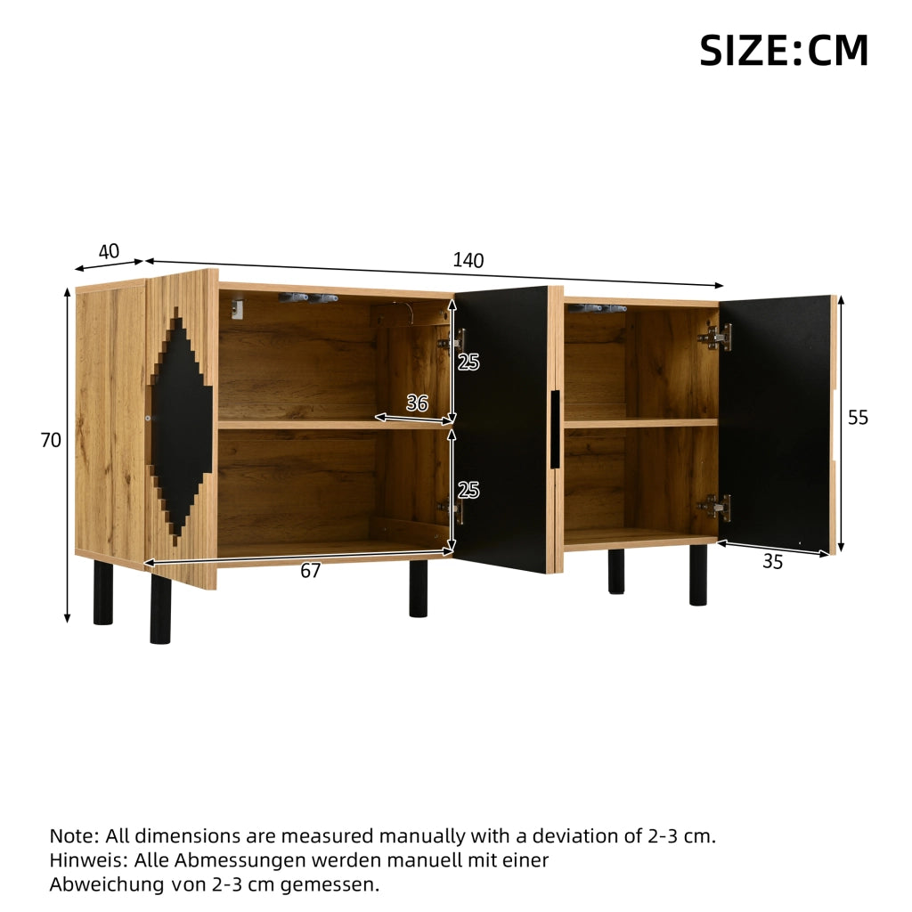 Credenza e madia con 4 ante push-open e 4 vani, per soggiorno, in MDF e truciolare, naturale nero, 140 × 40 × 70 cm