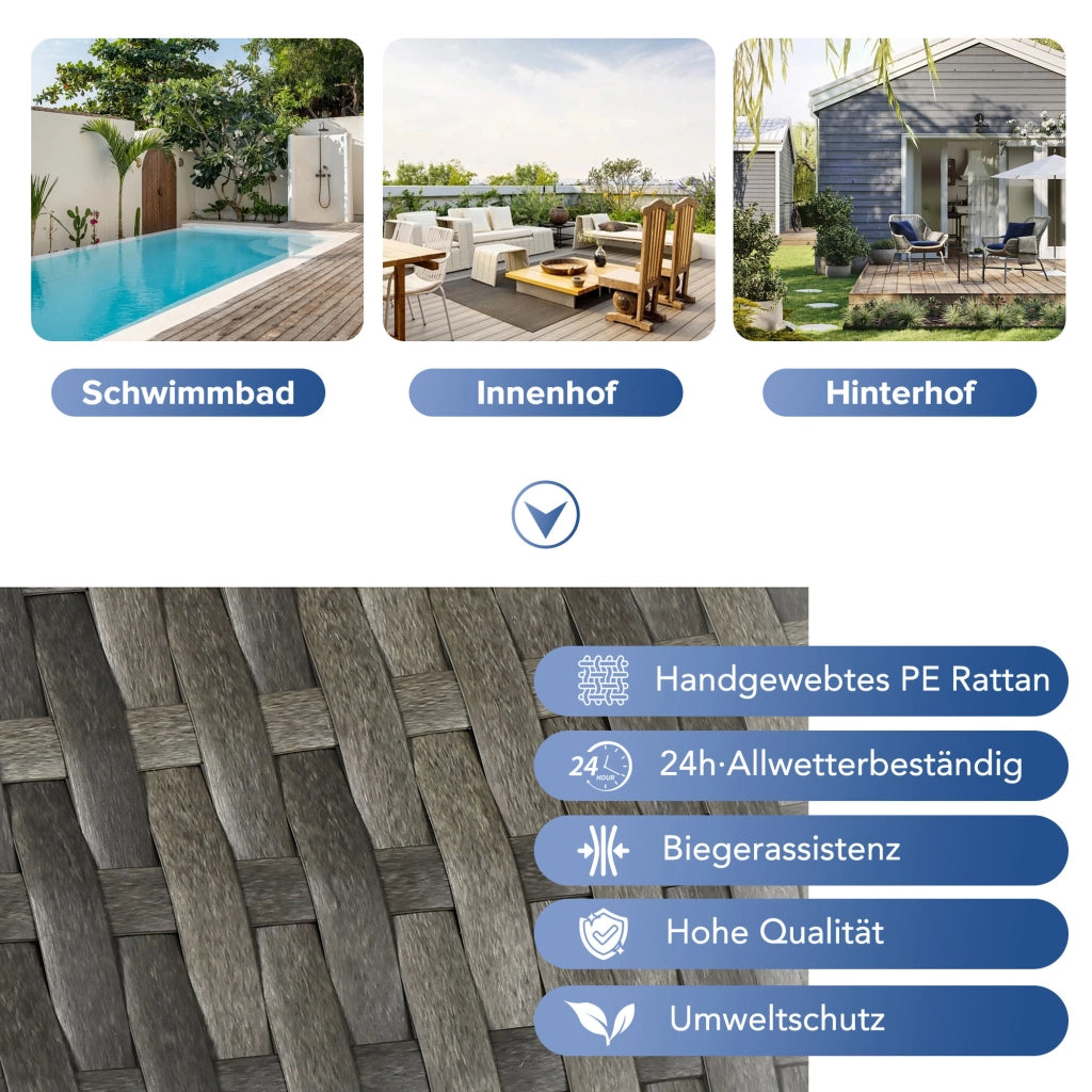 Set da giardino con area prendisole e tettuccio regolabile in rattan sintetico PE per giardino e piscina colore grigio.