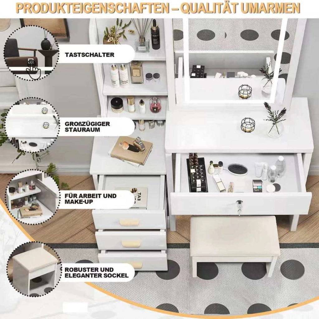 Toeletta con specchio LED; 3 modalità di luce regolabili; ripiani e ante scorrevoli a specchio; MDF bianco