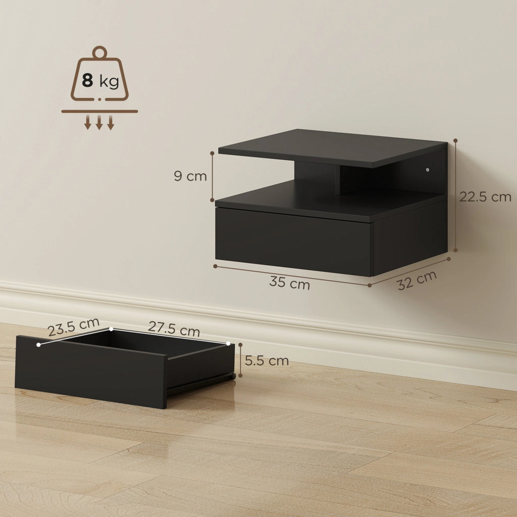 Comodino sospeso con cassetto ¨C Xylo ¨C nero 35x32x22.5 cm set 2 pezzi