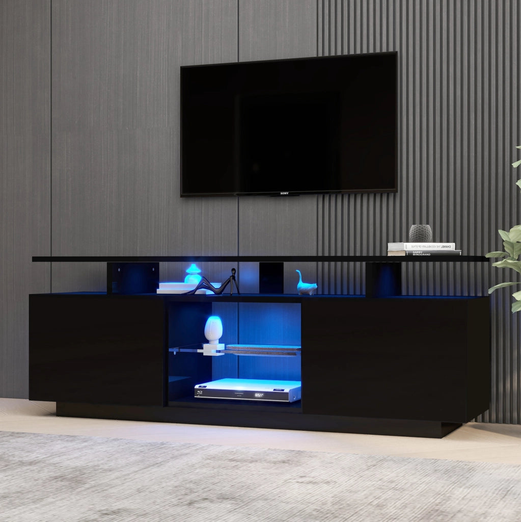 Mobile TV nero 140 cm con LED controllati da app, 2 ante lucide e 5 vani