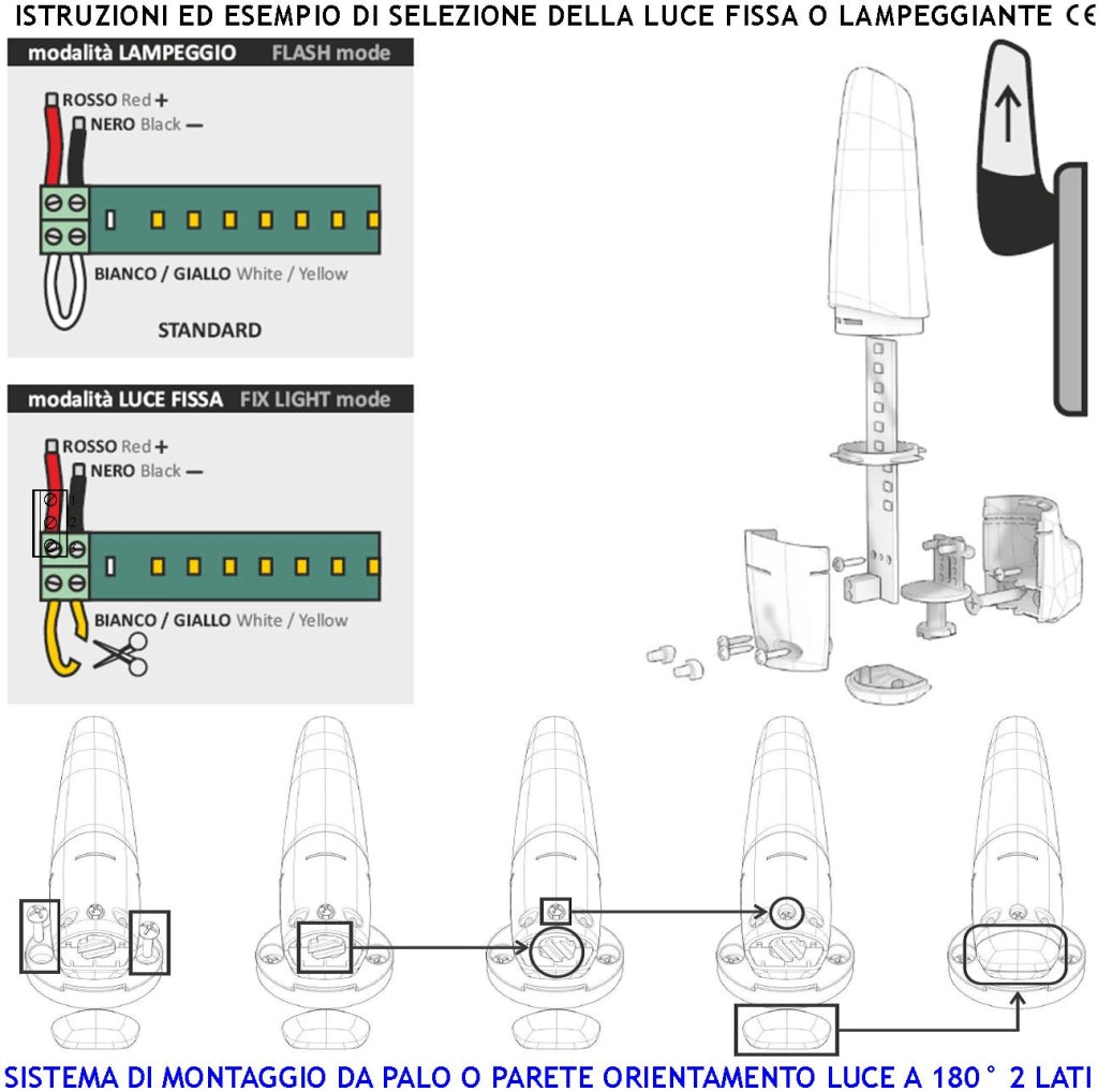 Faro Lampeggiante Arancione 6+6 Led Luce Fissa o Intermittente Montaggio a Palo o Parete Monitore su Automatismi Pericolo Macchina in Movimento Aliment. 12/24 V Contenitore Metacrilato Protezione IP44