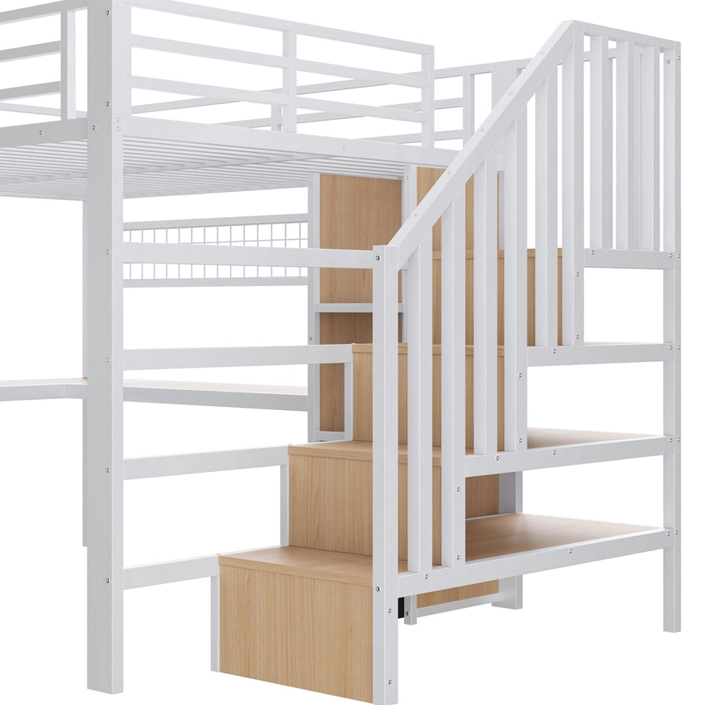 Letto a soppalco 140x200 cm in metallo e MDF bianco con scrivania; LED e contenitore