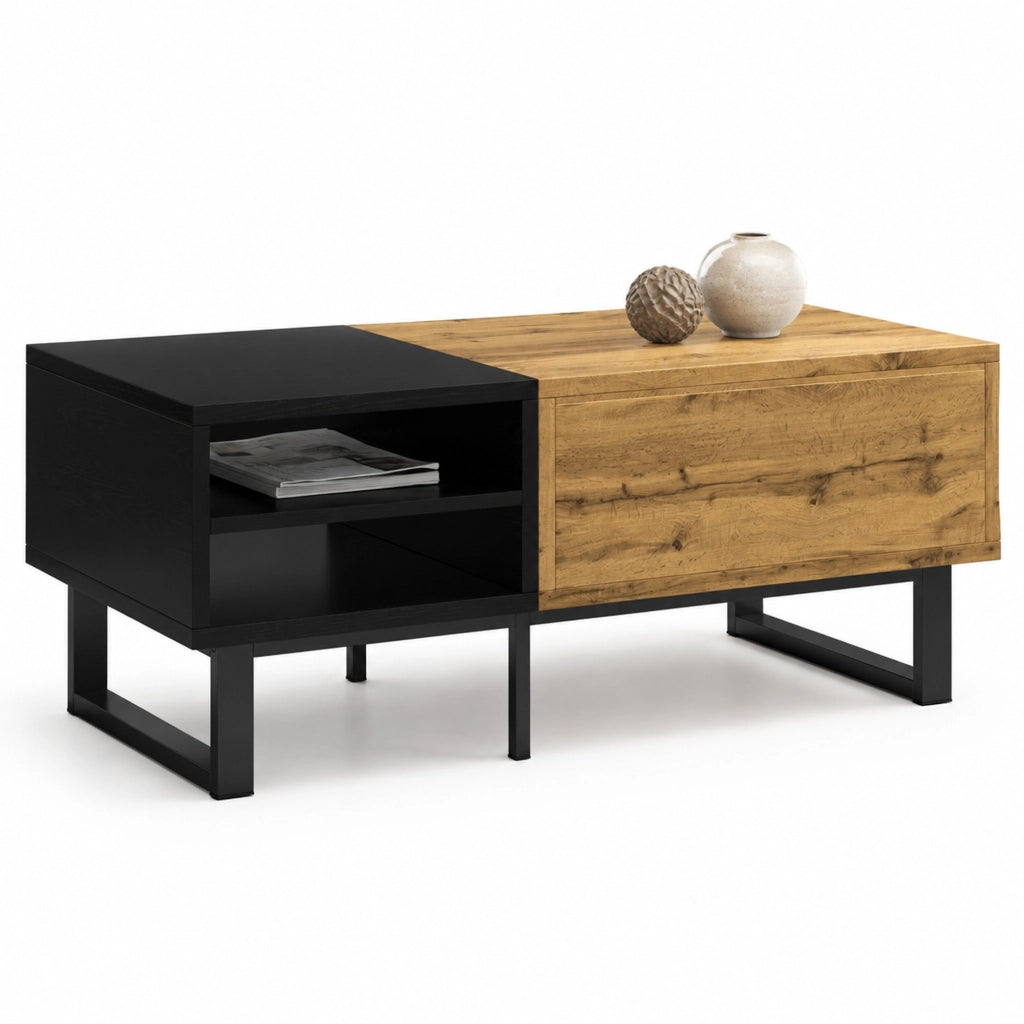 Tavolino da caffè 100×50×40 cm in legno naturale e nero con 3 vani e cassetto