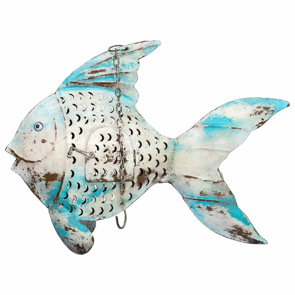 Portacandele in metallo invecchiato blu a forma di pesce, 56x10x42h cm