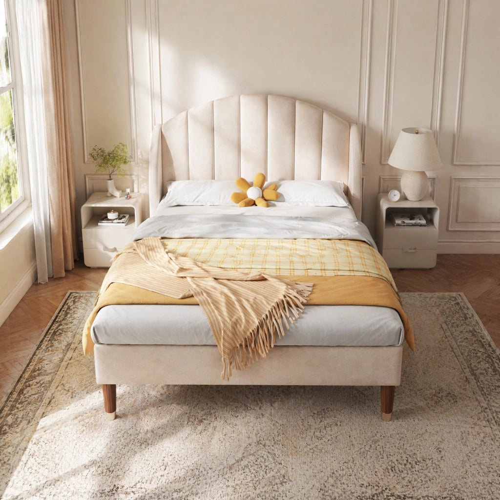 Letto imbottito singolo 90x200 cm con rete a doghe e testiera, in velluto beige