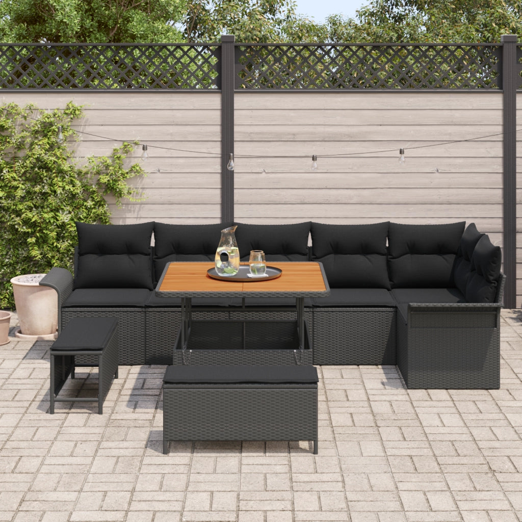 Set divani da giardino  da 9 pezzi con cuscini neri in polyrattan e acacia