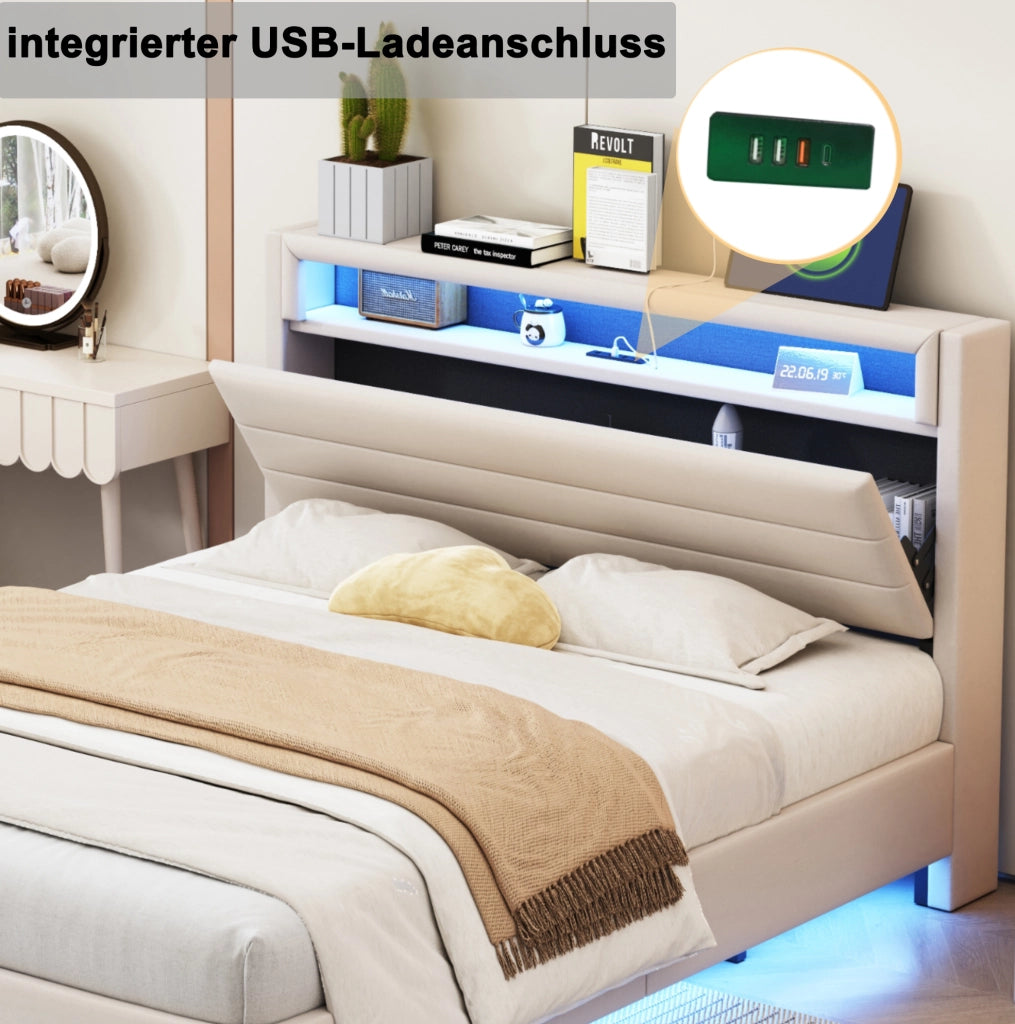 Letto imbottito 140x200 beige con LED, USB e testiera girevole