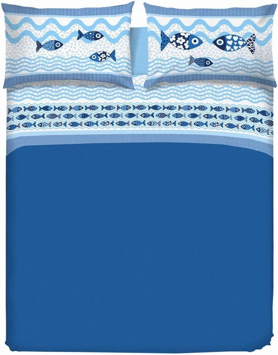 Set di lenzuola per letto matrimoniale, 100% cotone, lenzuola per letto matrimoniale 180 x 200 cm, comprensivo di lenzuola inferiori, lenzuola superiori e 2 copri cuscino, disegno blu Sea Life.
