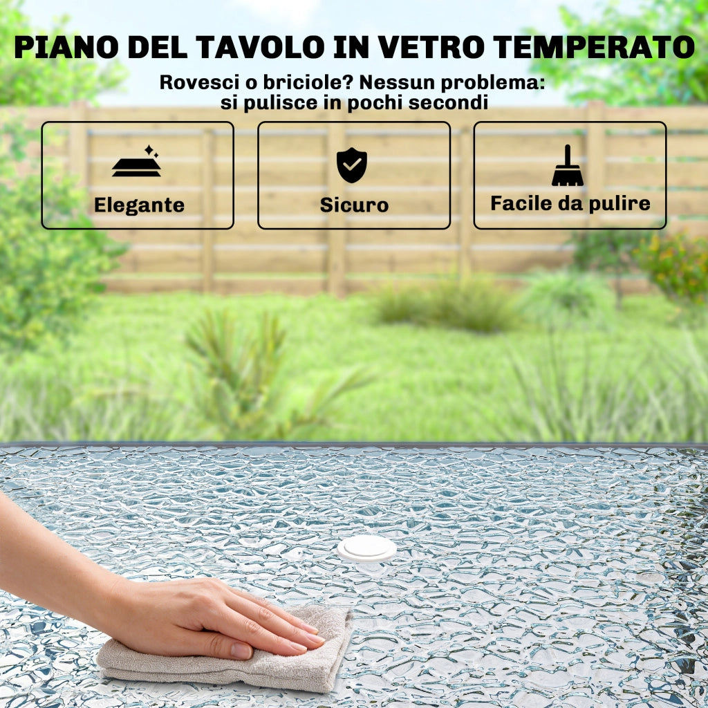 Set 8 Pezzi da Giardino con Ombrellone 6 Sedie Pieghevoli e Tavolo da Esterno in Vetro Temperato Nero