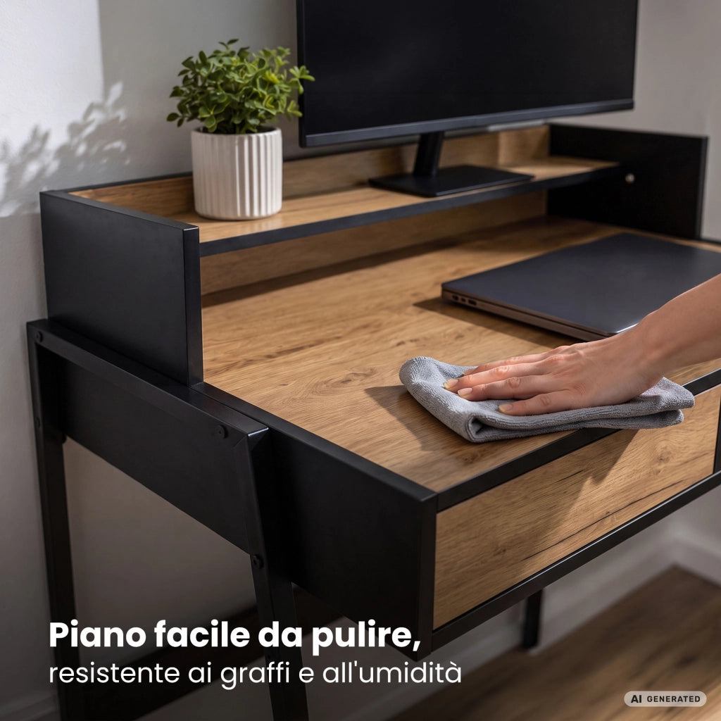 Scrivania industriale per computer Rovere Craft FLUX 78 cm 2 cassetti 1 ripiano gambe nere