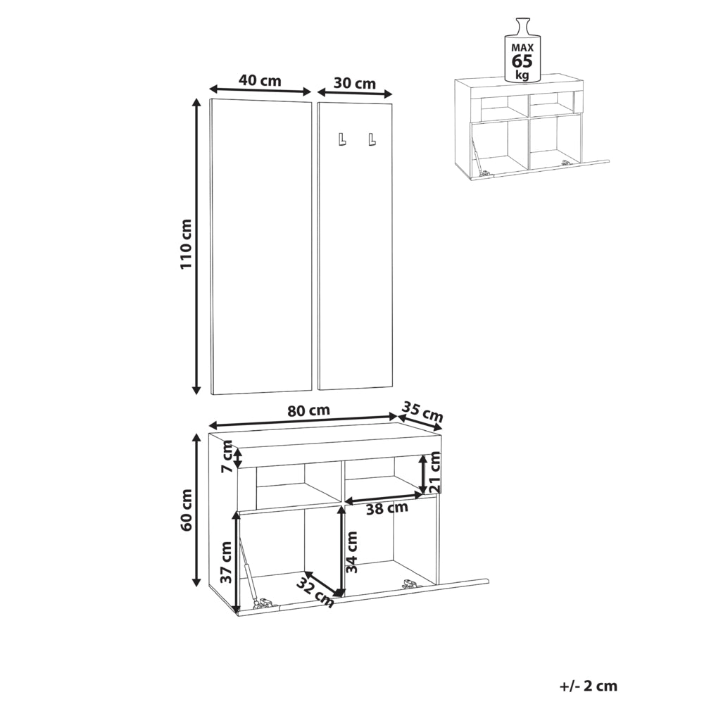 Set da ingresso: mobile da ingresso in truciolato bianco con scarpiera, specchio e ganci appendiabiti, stile moderno minimalista