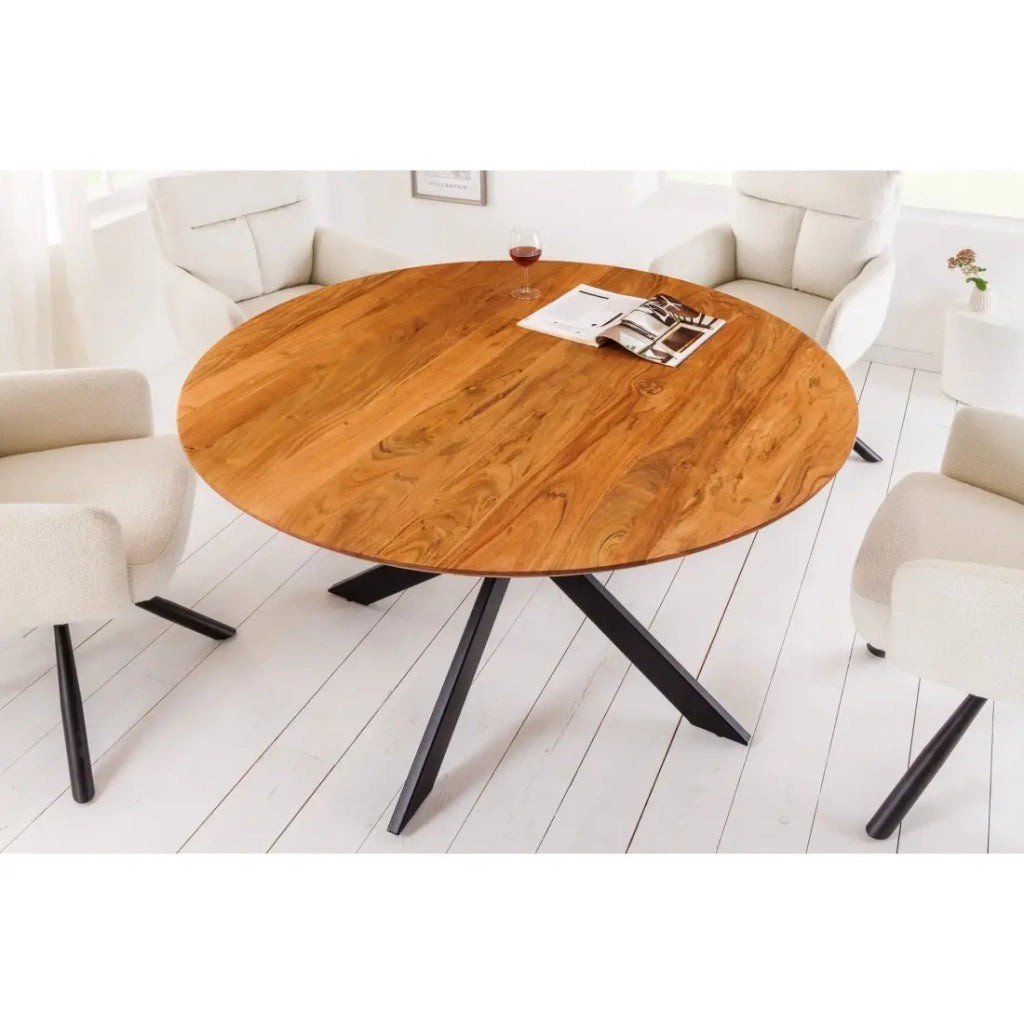 Tavolo da pranzo SOLARA 130 cm – Piano rotondo in acacia massiccia e gambe in metallo nero – Stile industriale chic