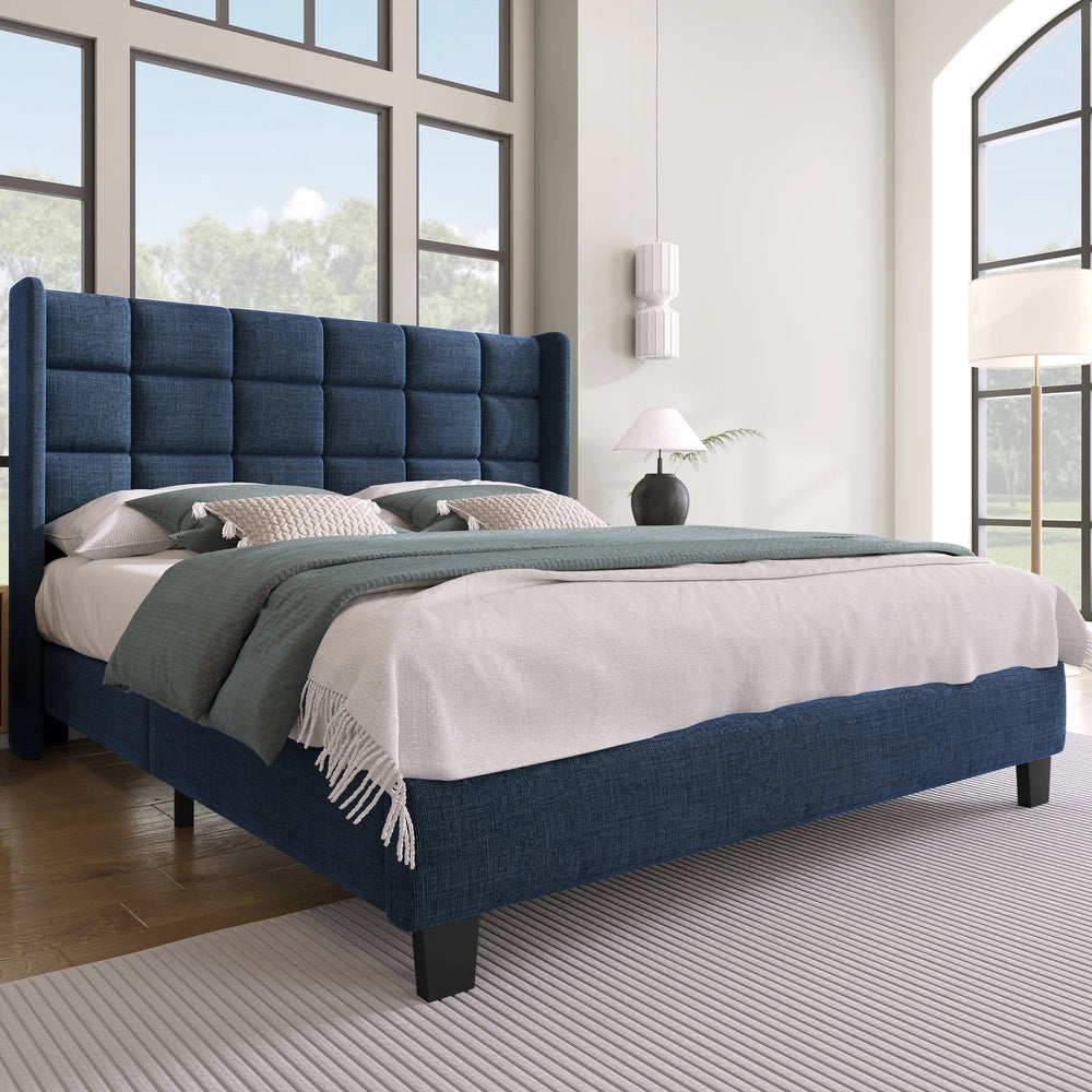 Letto imbottito matrimoniale con rete a doghe ¨C Minimal ¨C Blu lino 140x200 cm