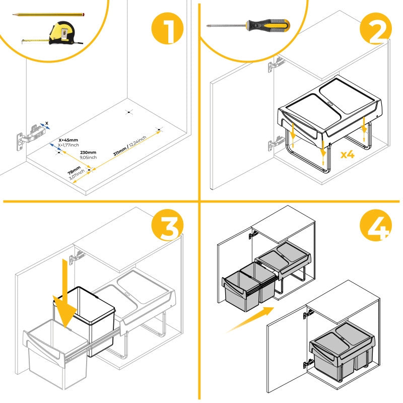 Kit di contenitori per la raccolta differenziata per cassetti da cucina Recycle Altezza Recycle 266 mm, 1x15 lt, 2x7 l..
