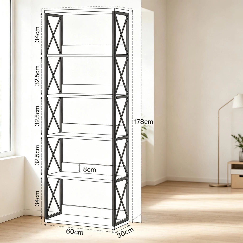 Scaffale portaoggetti a 5 ripiani aperti in metallo e legno nero e marrone