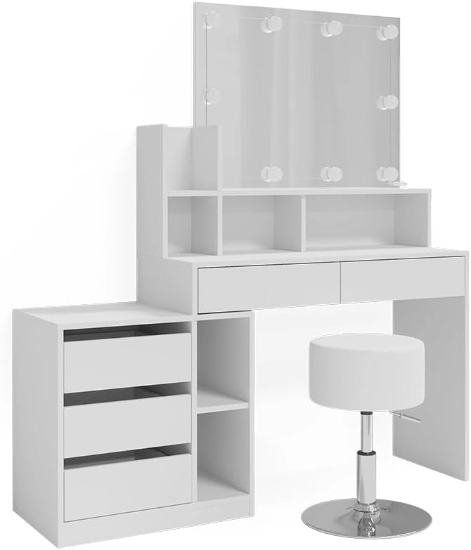 Tavolo da toeletta Anja, Bianco, 139.8 cm con illuminazione a LED e sgabello, Cassetti per organizzare nel disordine