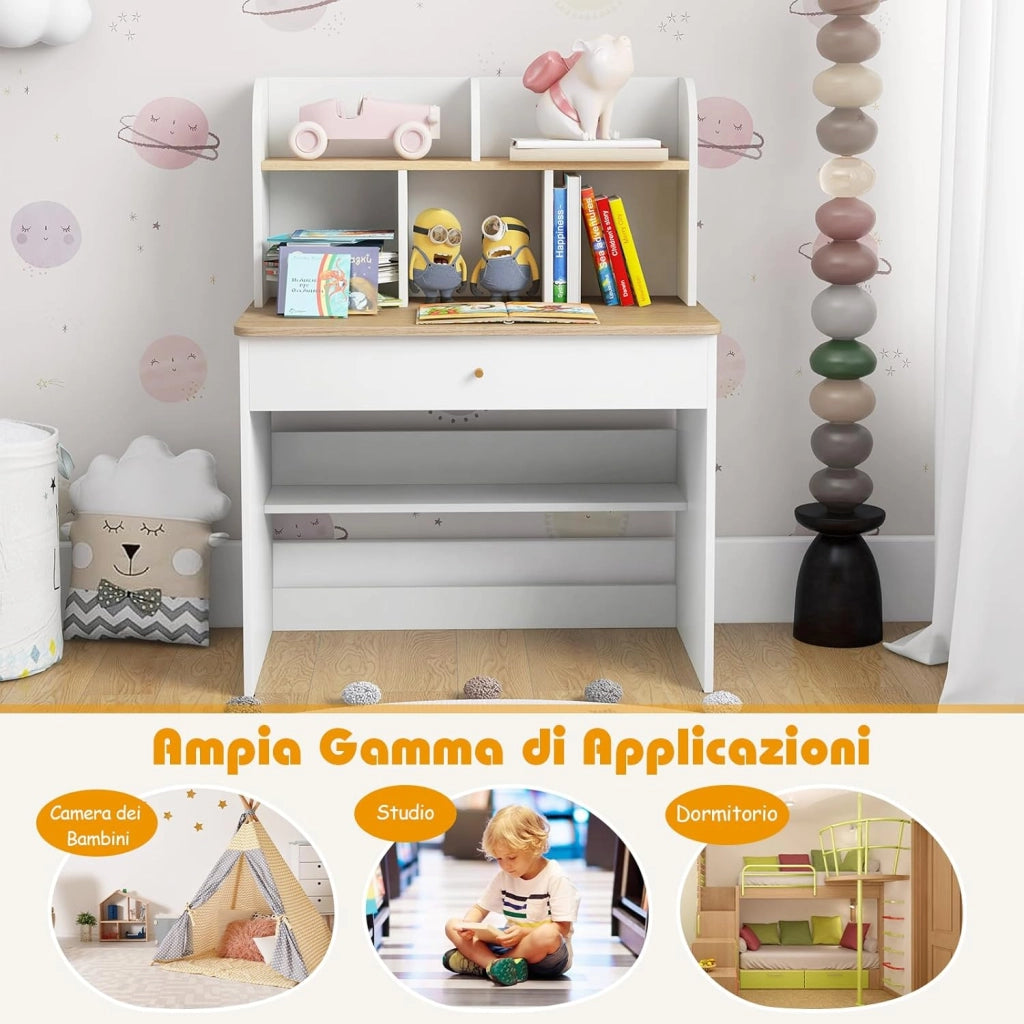 Scrivania in Legno 80 x 48 x 102 cm per Bambini 3+ Anni, Scrivania Cameretta Bambina con 5 Mensole, 1 Cassetto, Spazio di Lavoro e Angoli Arrotondati, Ideale per Studio e Disegno (Naturale)