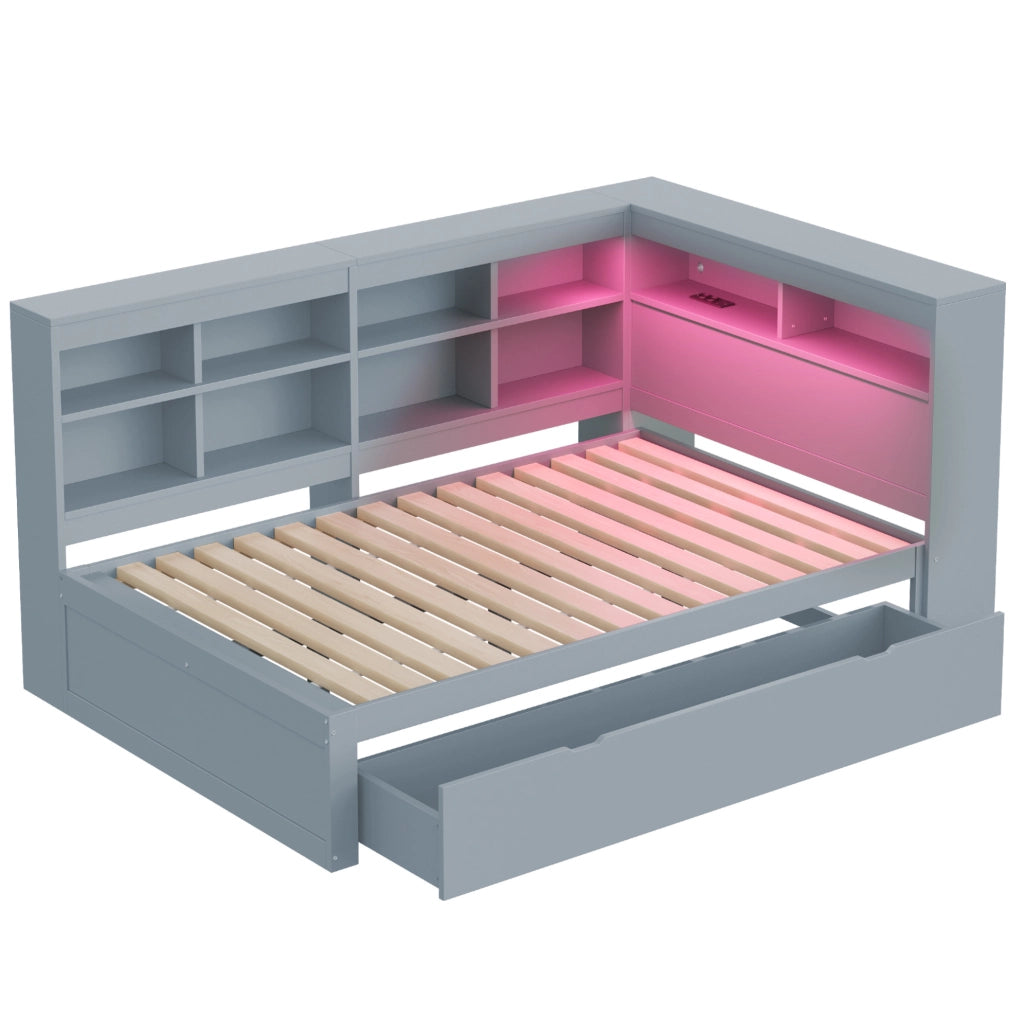 Divano letto 140x200 cm con contenitore; USB e LED in legno grigio