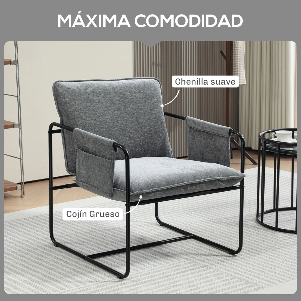 Poltrona Relax Moderna con Poggiapiedi ¨C Minimal ¨C Grigio Tessuto Chenille 68x76x81 cm