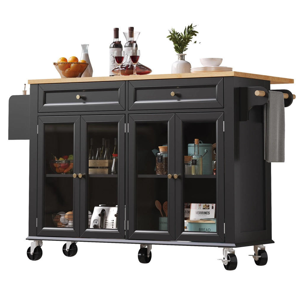 OKWISH Carrello da Cucina con Cassetto, Ripiani, Ante in Vetro e Piano Estensibile con Ruote, MDF, Nero