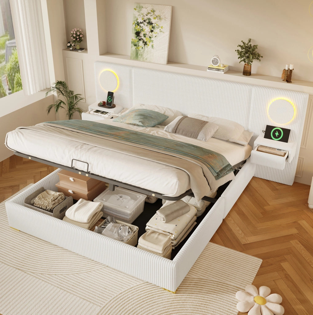 Letto contenitore 180x200 cm in velluto beige con LED e USB