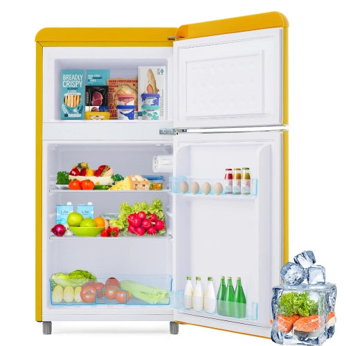 Frigorifero retrò; frigorifero a doppia porta; volume totale 72L; congelatore 21L; luce LED; efficiente energetico; giallo