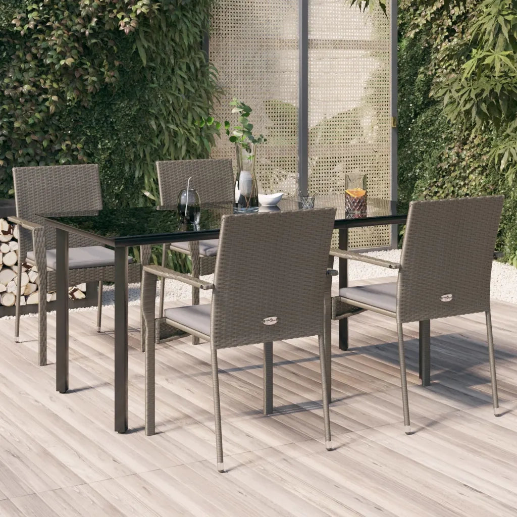 Set da Pranzo Giardino 5pz | Set Salotto da Giardino Nero e Grigio con Cuscini Polyrattan