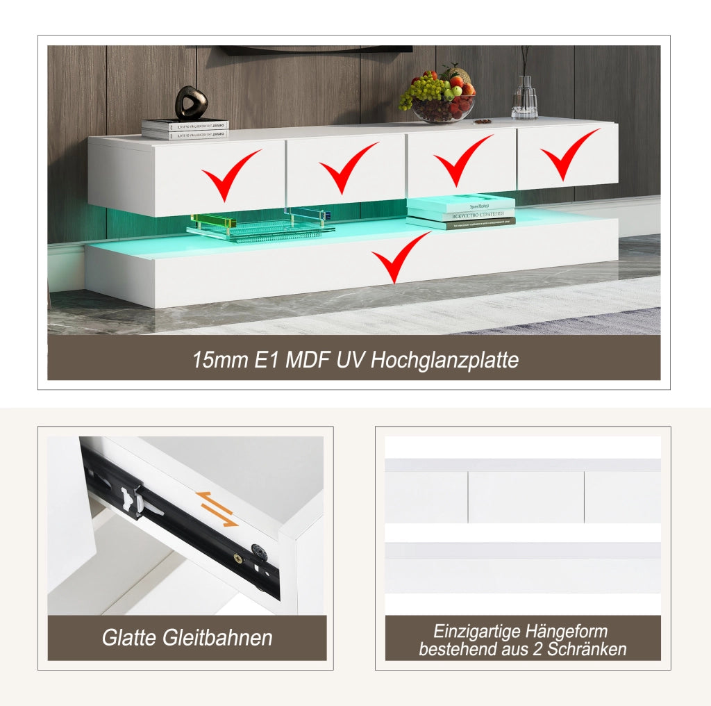 Mobile TV sospeso con LED controllabile da app, 4 cassetti, MDF bianco 130 cm