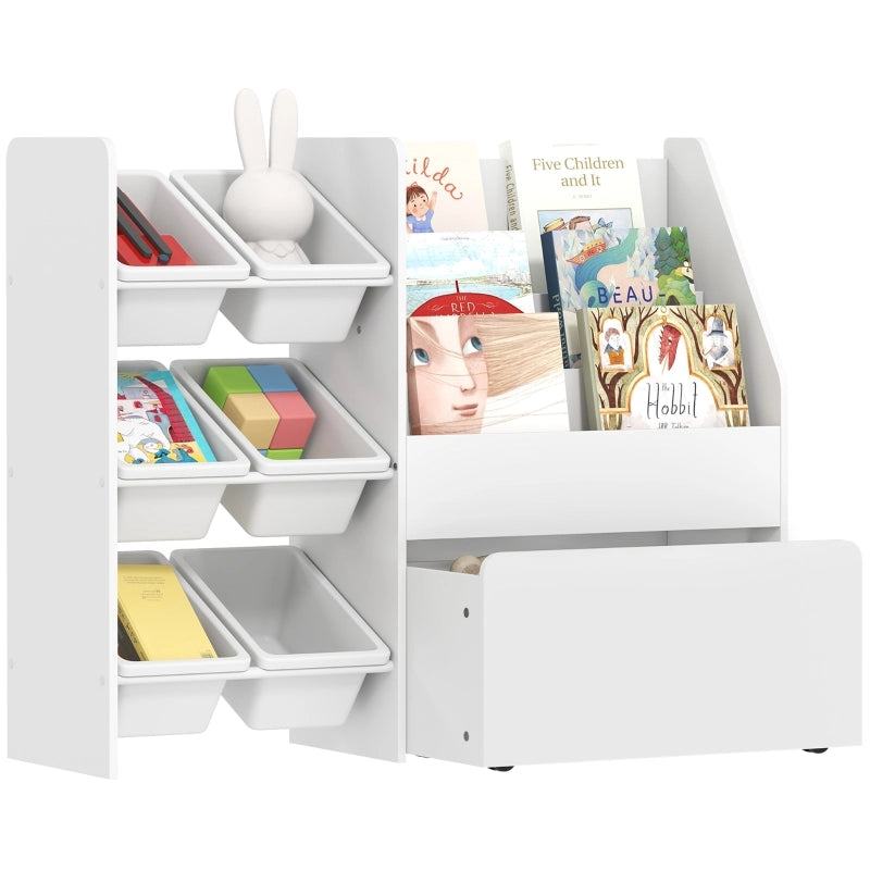 Scaffale per bambini con 6 contenitori estraibili, libreria e box su ruote, bianco