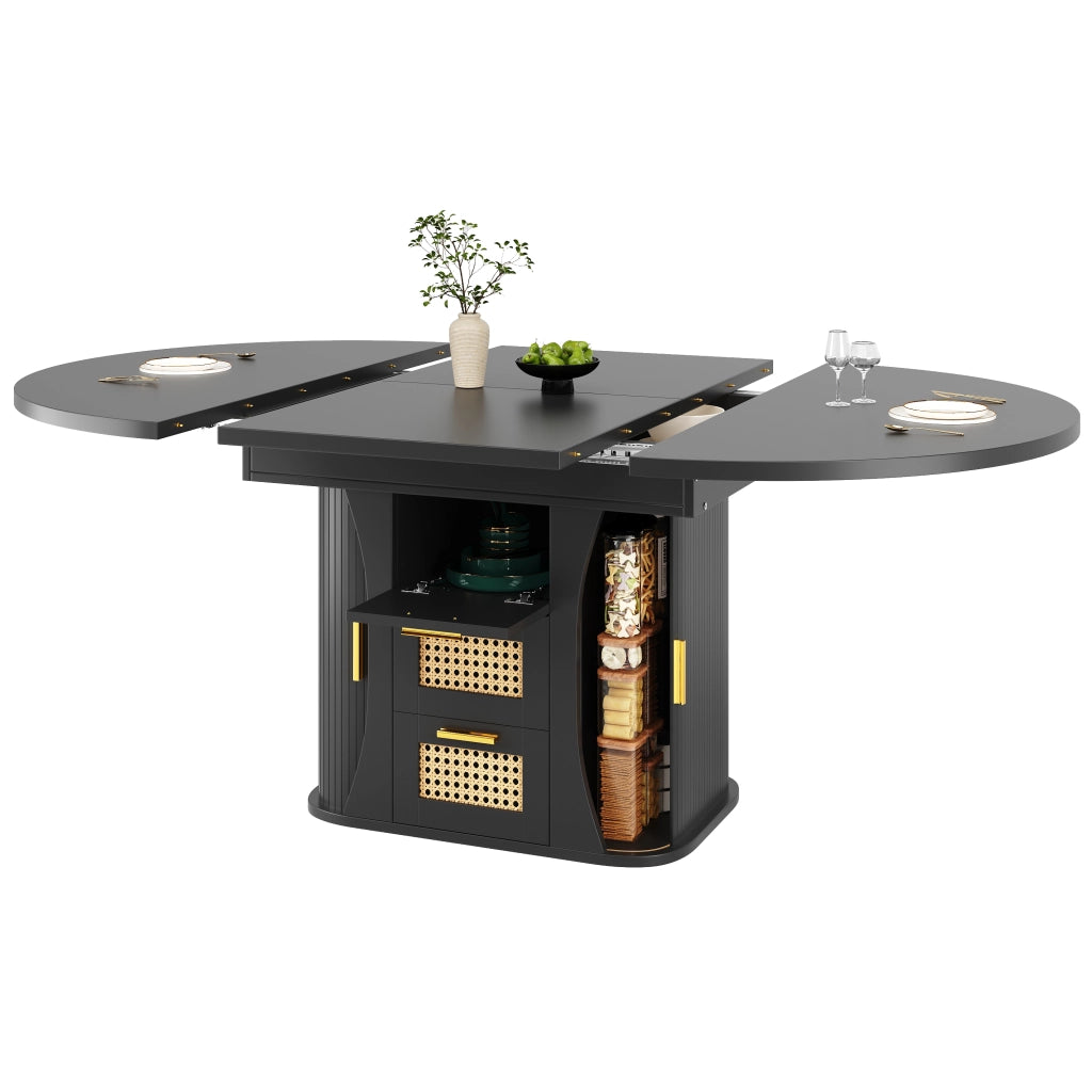 Tavolo da pranzo allungabile con contenitore; cassetti effetto rattan; in MDF e metallo; nero