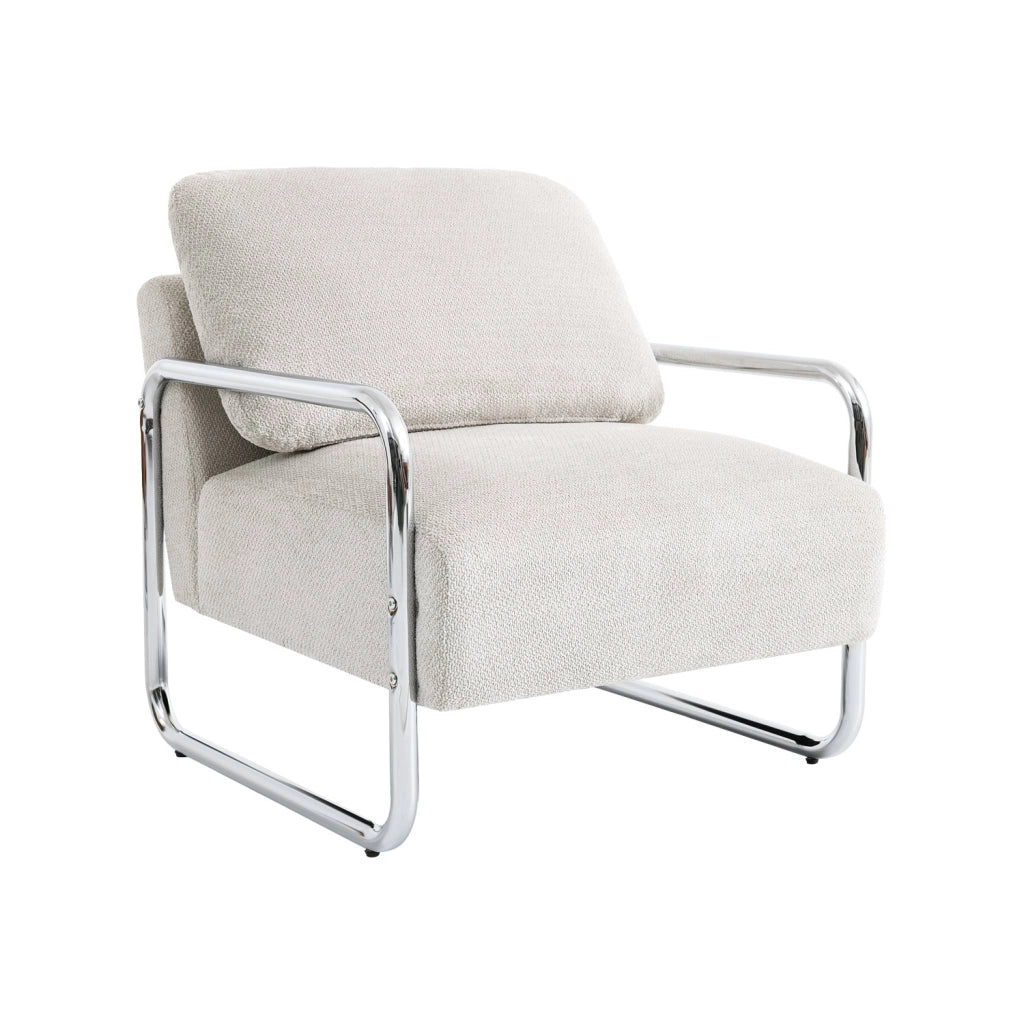 Poltrona vintage in tessuto chenille con struttura cromata, bianco