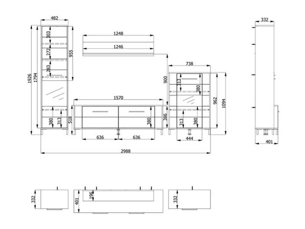 Mobile Soggiorno Cimbergo, Parete Attrezzata Modulabile, 299x40x192.5h cm Bianco Opaco