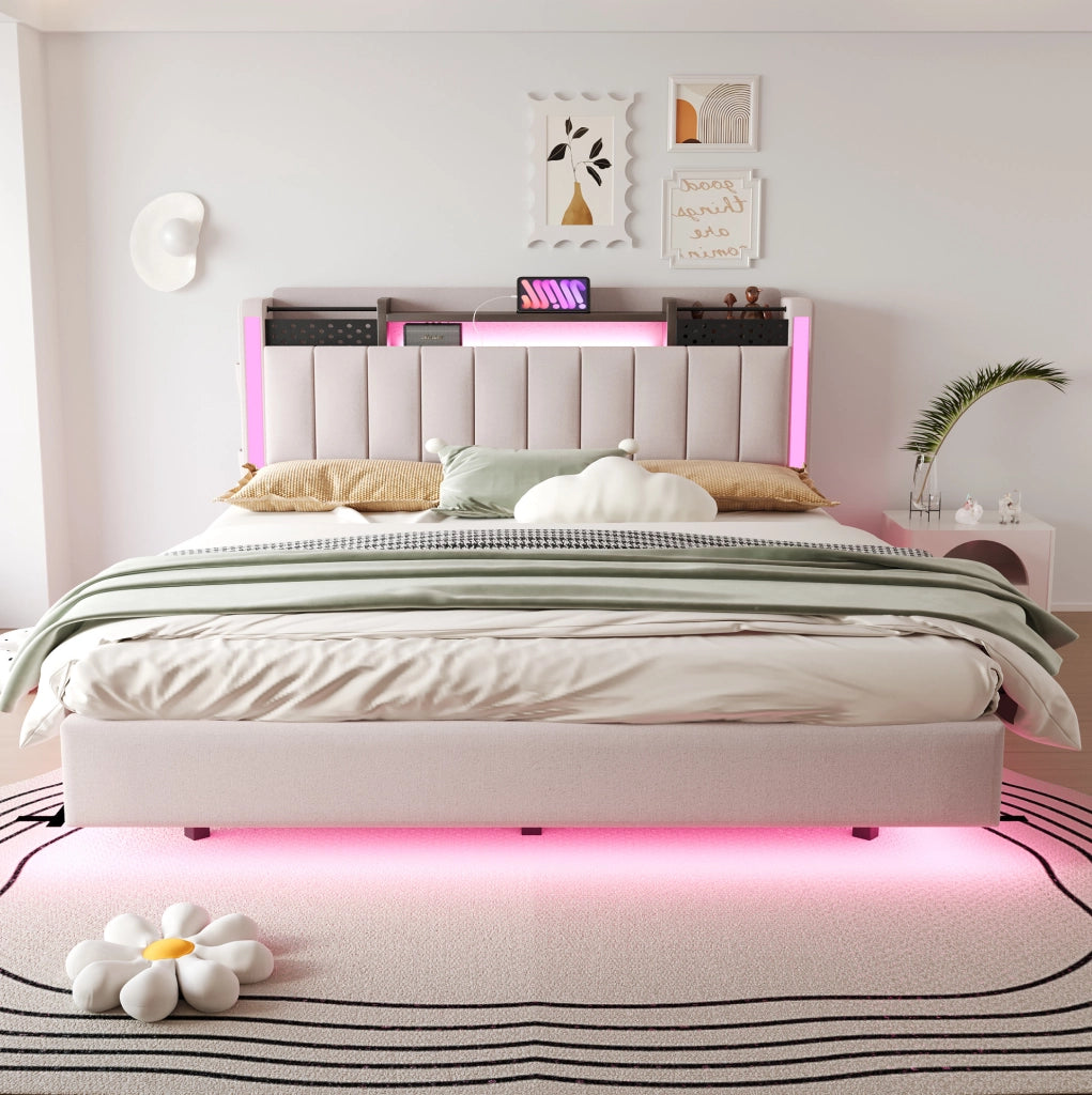 Letto matrimoniale imbottito 160x200 con LED, USB e contenitore