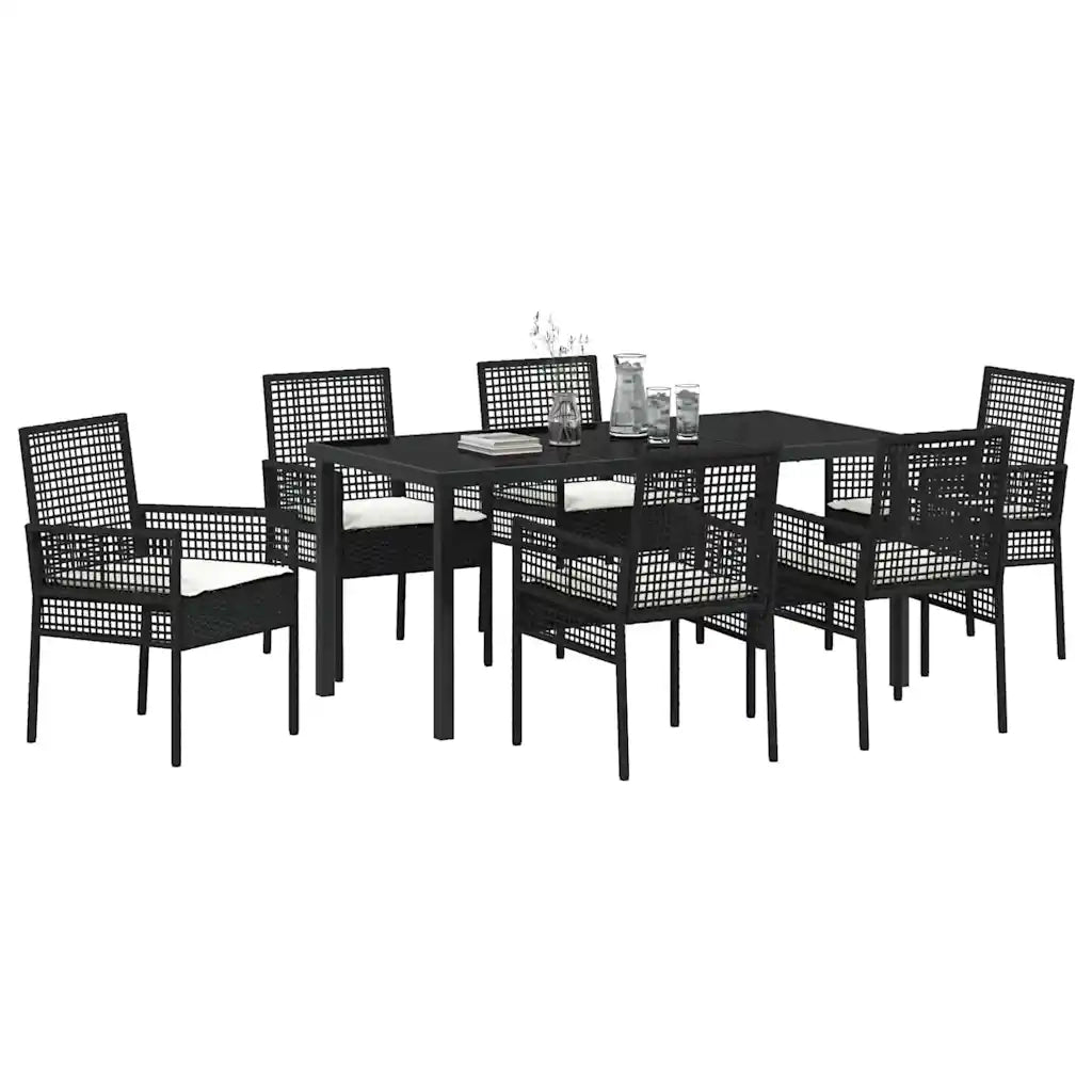 Set da Pranzo per Giardino con cuscino 7 pcs Nero polyrattan