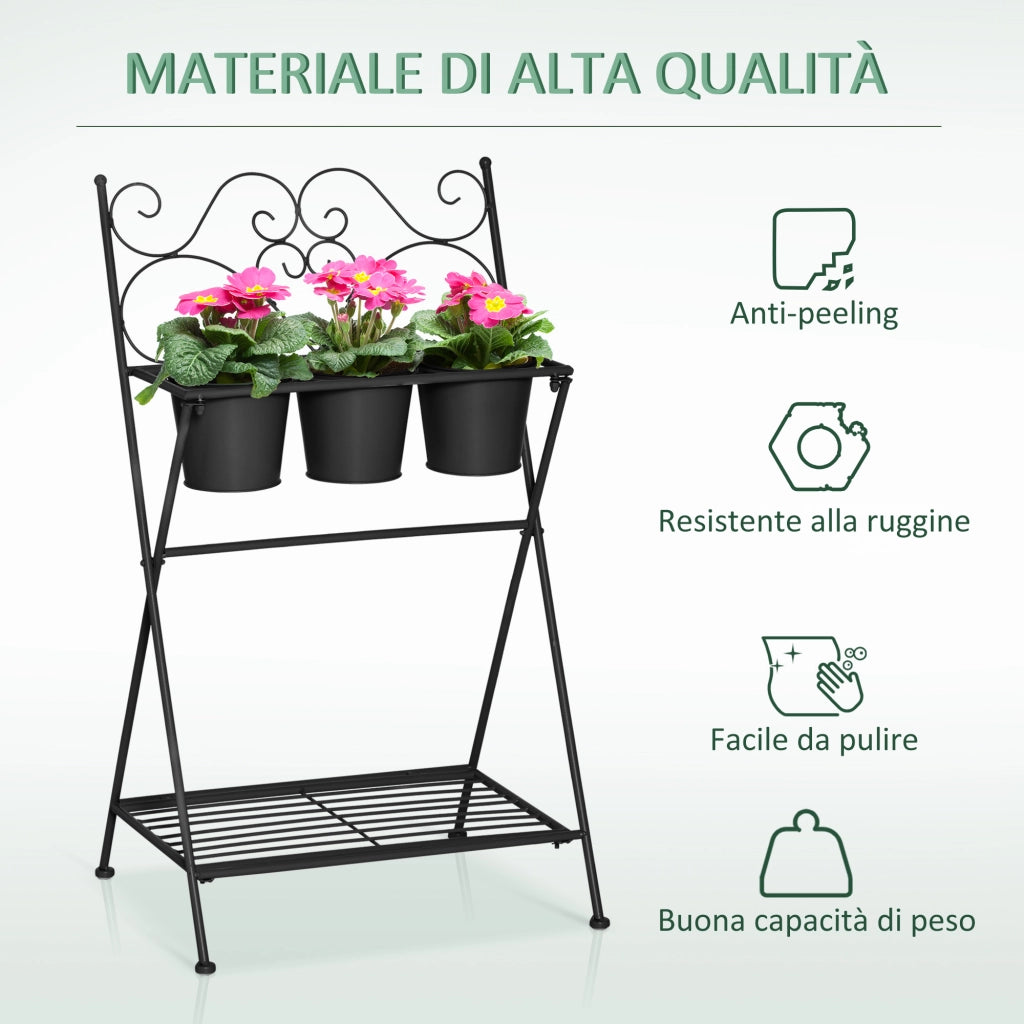 Portapiante Pieghevole in Metallo con 3 Vasi ¨C Zephmum ¨C Nero 47x37x78.5 cm