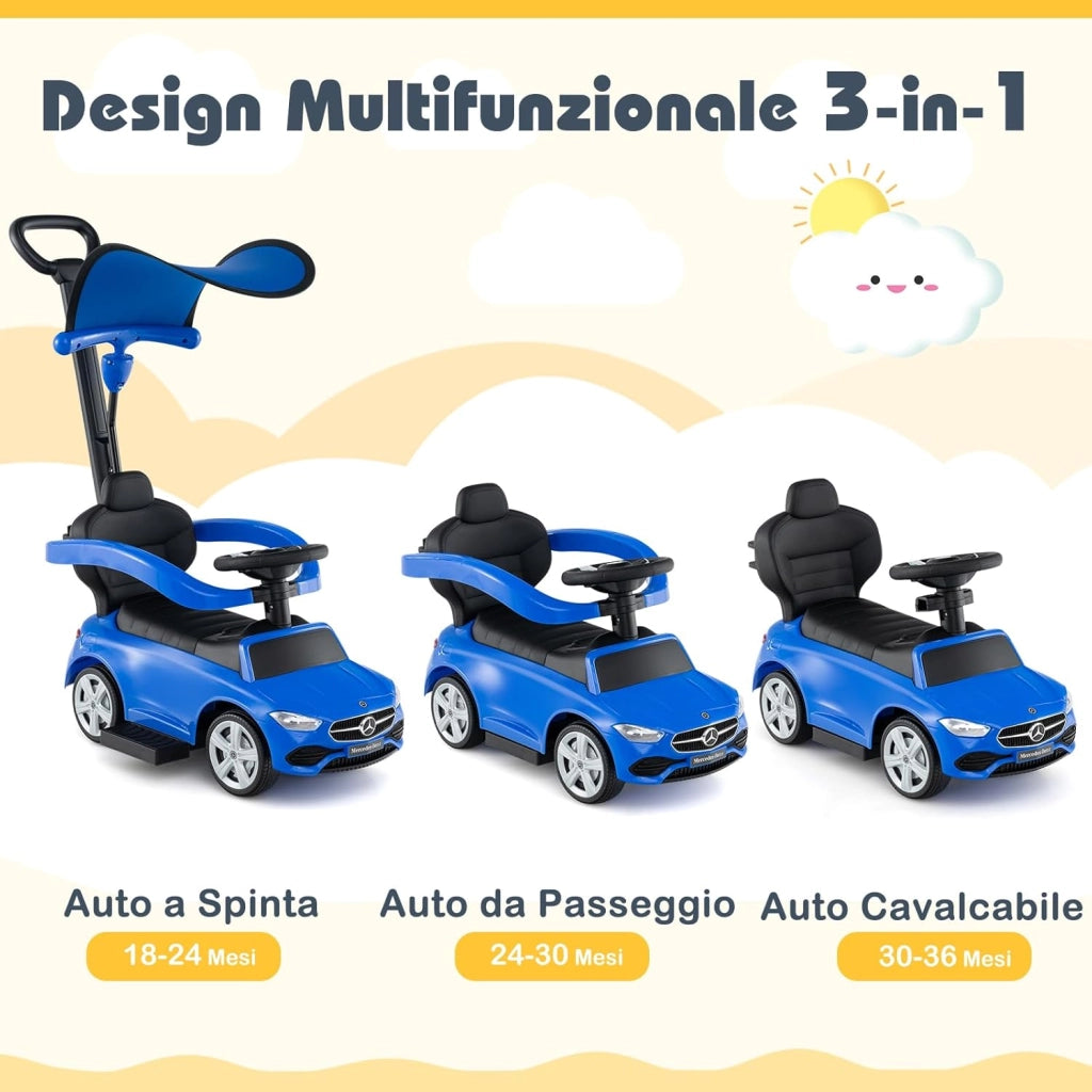 3 in 1 Auto a Spinta, Mercedes-Benz Macchina Cavalcabile, con Schienale Regolabile Suono Barra di Spinta e Tettuccio, per Bambini 18-36 Mesi (Blu)